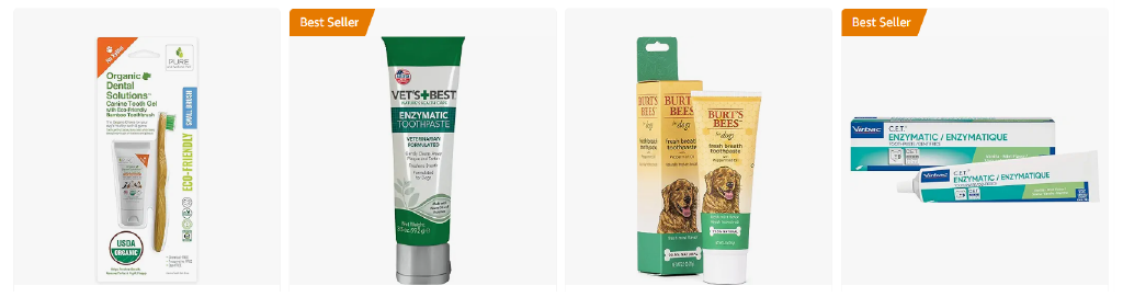 Four best-seller dog toothpaste products are displayed side by side. From left to right: An 'Organic Dental Solutions' kit with a toothbrush and toothpaste, a 'VET'S BEST' enzymatic toothpaste tube, 'Burt's Bees' dog toothpaste in a green tube with a natural care label, and a 'Virbac CET Enzymatic' toothpaste box with multiple tubes. Each product has a 'Best Seller' tag, emphasizing their popularity.