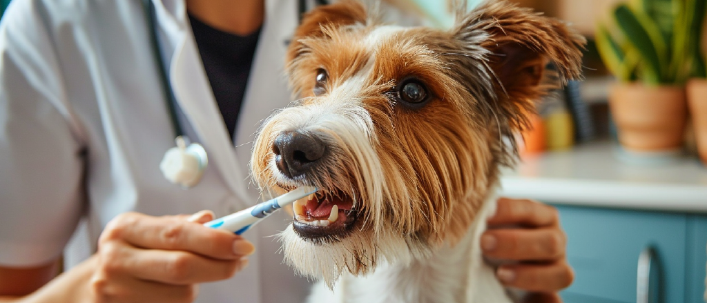 A veterinarian is gently brushing the teeth of an attentive and cooperative wire-haired terrier with a blue and white dog toothbrush. The focus is on the dog's face, which is calm and trusting during the dental care routine, highlighting the importance of regular oral hygiene for pets.