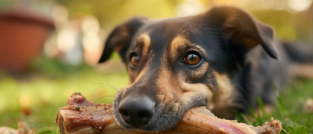 A black and tan dog with soulful eyes lying on the grass, contentedly gnawing on a raw bone, showcasing a moment of peaceful enjoyment and dental care.