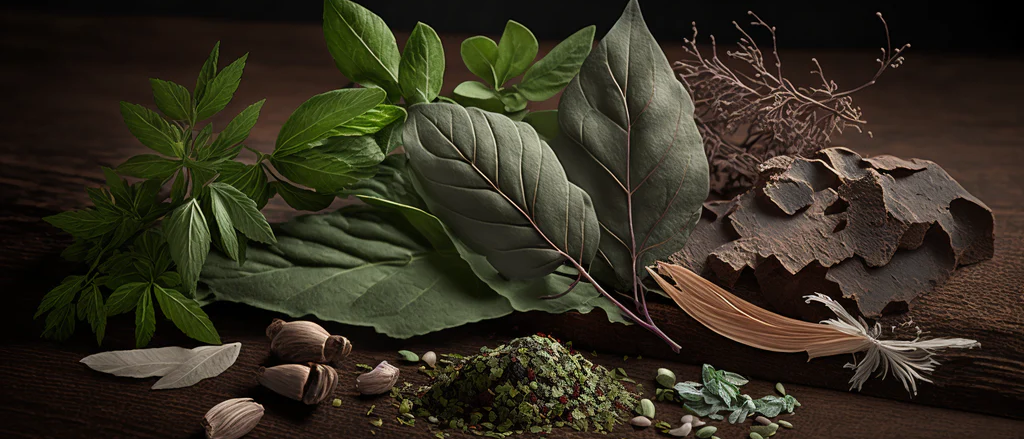 Image shows a selection of food on a rustic wooden table with moody lighting. Parsley, Peppermint , Sage, Tea tree, Clove, Eucalyptus - examples of foods that can positively effect a dog's breath