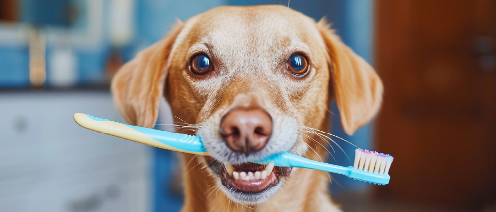 A close-up of a playful tan dog holding a blue and white toothbrush in its mouth, symbolizing the importance of dental care for pets. The dog's bright eyes and cheerful demeanor suggest a positive association with the routine of teeth brushing.