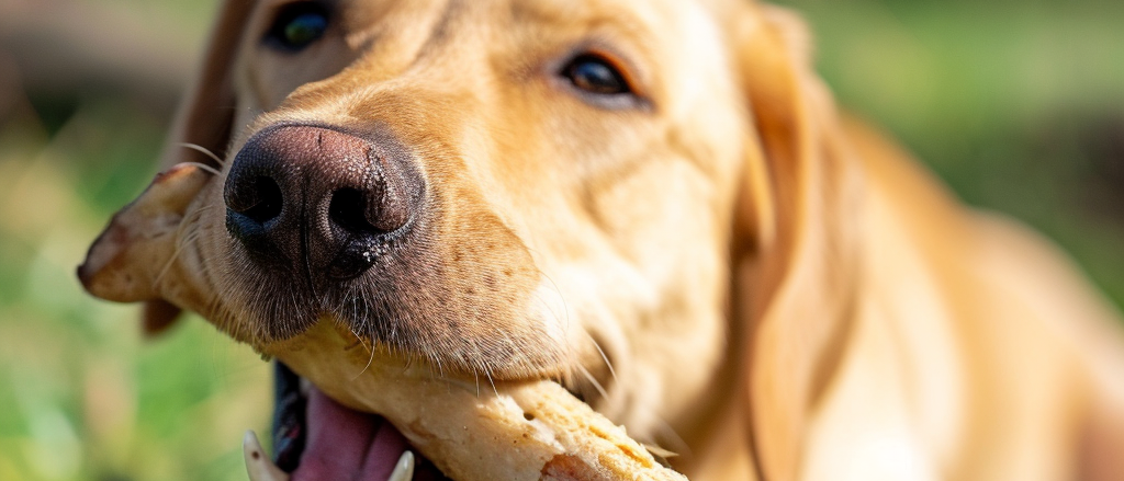 Under the warm, radiant sun, a dog joyfully gnaws on a bone while sitting on lush green grass. The scene exudes pure contentment as the dog relishes its outdoor treat, surrounded by the vibrant colors of a sunny day.