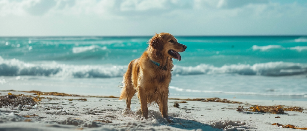 A happy golden retriever stands on a sunny beach, with its gaze fixed on the horizon. The dog's fur is slightly windswept, and the blue ocean waves create a serene backdrop. Seaweed is scattered on the sand near its paws, hinting at the beach's natural ecosystem.