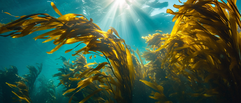 Underwater view of a towering kelp forest with sunlight filtering through the water's surface, casting beams of light that create a radiant underwater scene. The kelp fronds are highlighted in shades of golden yellow and green, swaying gently in the current. No marine animals are in sight, focusing the image solely on the natural beauty of the sunlit kelp and the tranquil blue of the surrounding sea