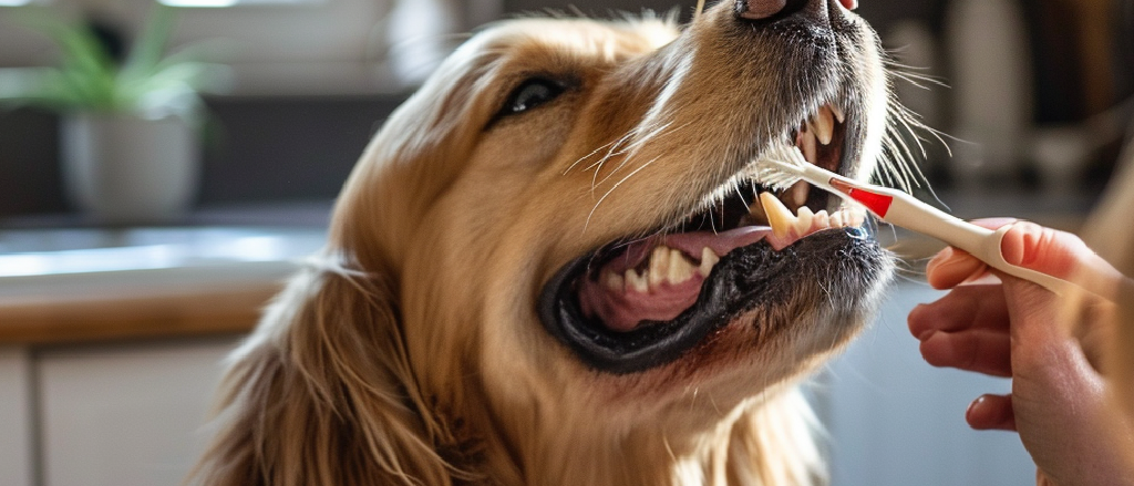 A golden retriever receives a gentle teeth brushing indoors during the daytime. A caring human hand is visible holding a toothbrush, ensuring the dog's dental hygiene with a comforting touch. The dog's cooperative demeanor reflects a positive and stress-free oral care routine.