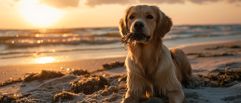 A golden retriever sits on the beach at sunset, calmly holding a piece of seaweed in its mouth. The sun is low on the horizon, casting a warm glow over the scene. Gentle waves lap at the shore, and the dog's fur is touched by the golden light, emphasizing a serene end to the day.