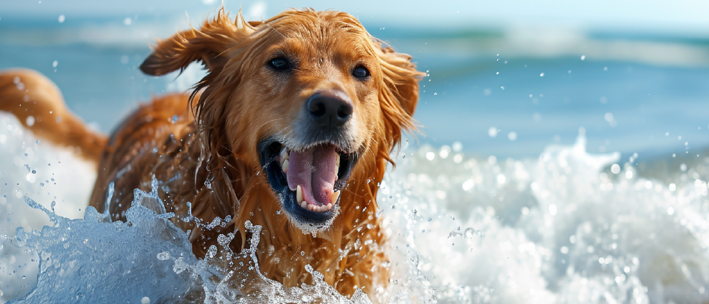 Happy dog plays in crashing waves at the beach. The dogs mouth is open revealing clean white teeth inside