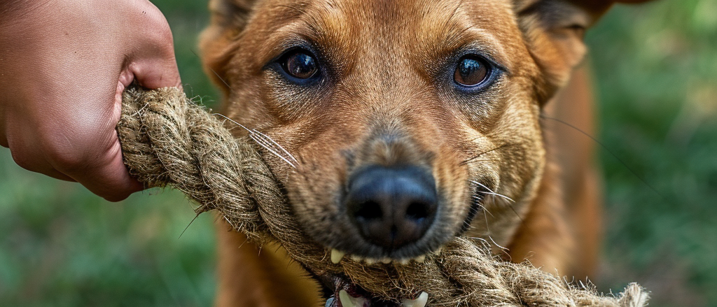 This image captures a close-up of a playful interaction between a dog and its owner. The dog, which appears to be a brown, medium-sized breed with soulful eyes and alert ears, is biting down on one end of a thick, frayed rope toy. On the other end, a human hand is visible, suggesting a game of tug-of-war. The dog's gaze is intense and focused, likely engaged and enjoying the interactive play. The background is blurred with hints of green, indicating this activity is taking place outdoors, possibly in a garden or park setting.