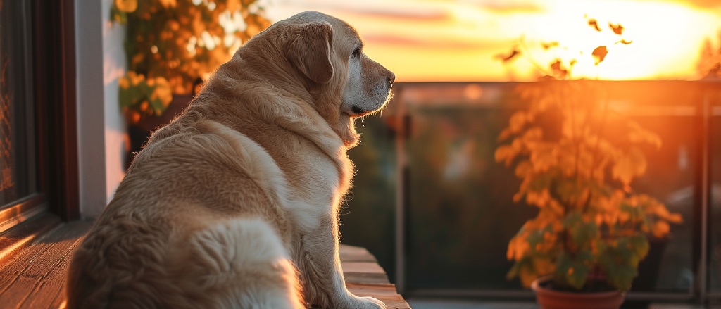 A serene Labrador retriever sitting on a wooden deck, gazing into a sunset with warm golden hues casting a glow over a tranquil outdoor setting.