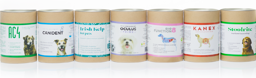 Full range of Seaweed For Dogs supplements pictured on a white background