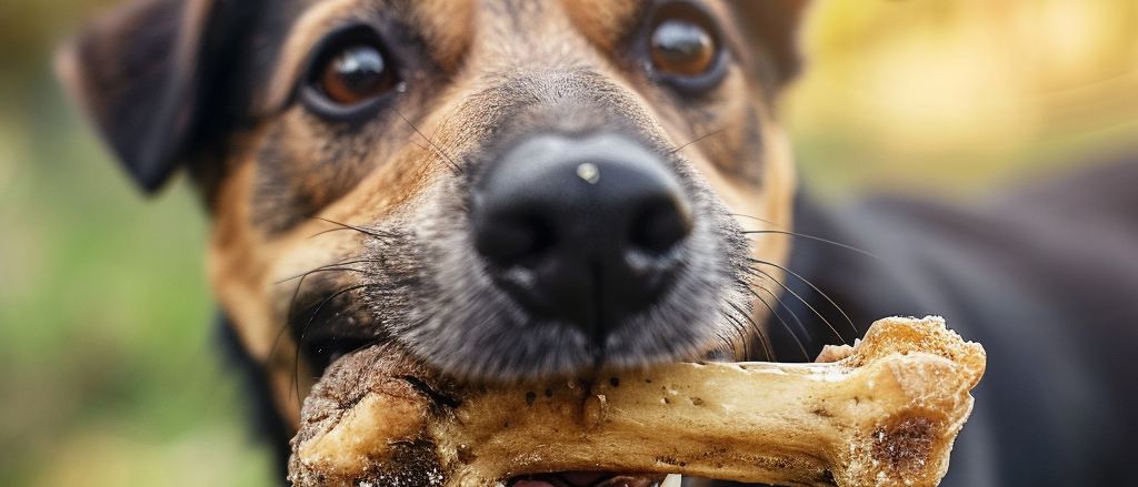 An endearing close-up photograph of a joyful and contented canine companion, showcasing a charming dog with expressive eyes, delightfully savoring a delectable bone in its mouth. The dog's furry coat adds a touch of warmth to the scene, while its evident pleasure in enjoying this tasty treat is captured in its relaxed posture and the gleam in its eyes.