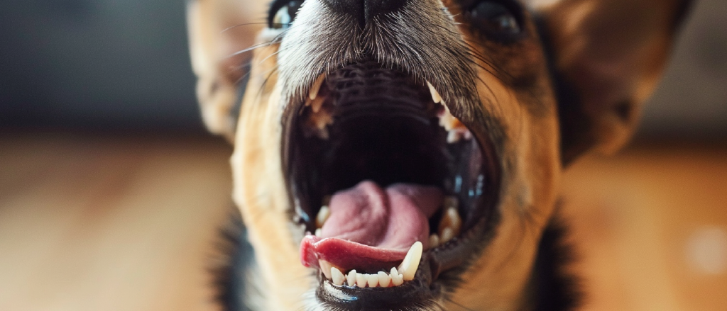 A close-up view of a dog's open mouth, showcasing clean white teeth and a healthy pink tongue. The focus is on the dog's dental health, with clear visibility of the teeth and gums, indicating good oral hygiene.