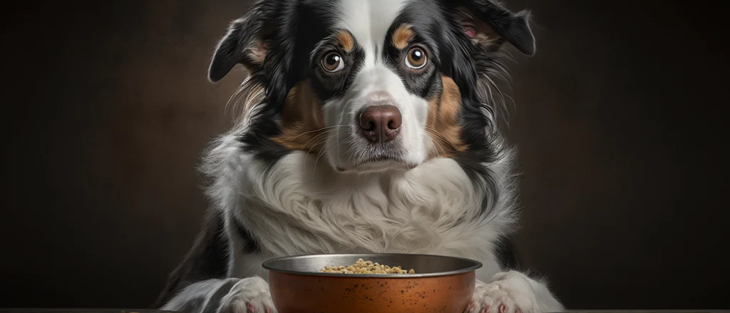 A tri-colored Australian Shepherd dog sits behind a bowl of dog food, looking directly at the camera with an expressive gaze. The dog's fur is predominantly black, white, and brown, with distinct markings around the eyes. The dog's paws rest gently on the sides of the bowl, set against a dark, neutral background that accentuates its attentive expression.