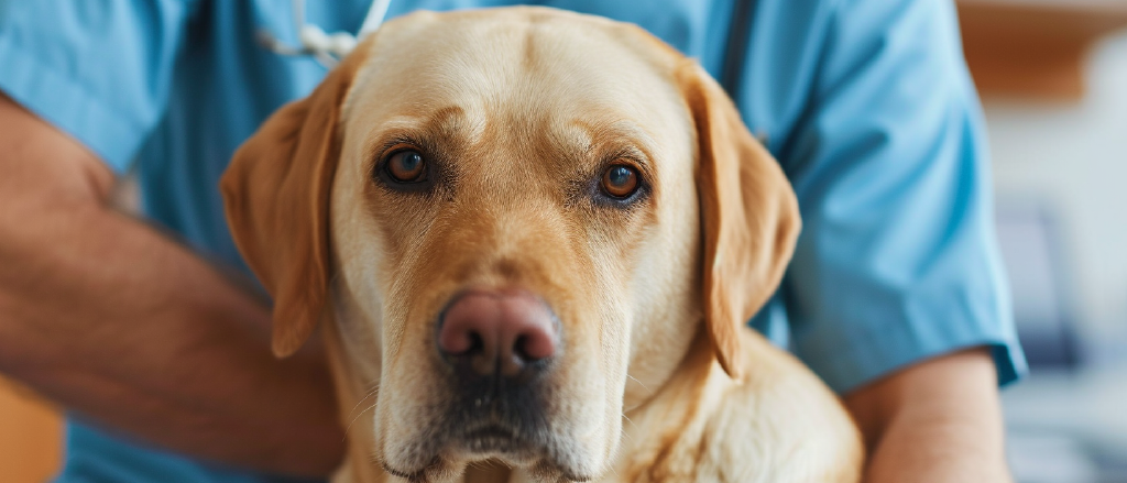 A close-up image of a concerned-looking golden retriever receiving a comforting hug from a person wearing blue scrubs, likely a veterinarian. The focus is on the dog's expressive brown eyes, with the caregiver's arms gently wrapped around the dog, providing reassurance and support.