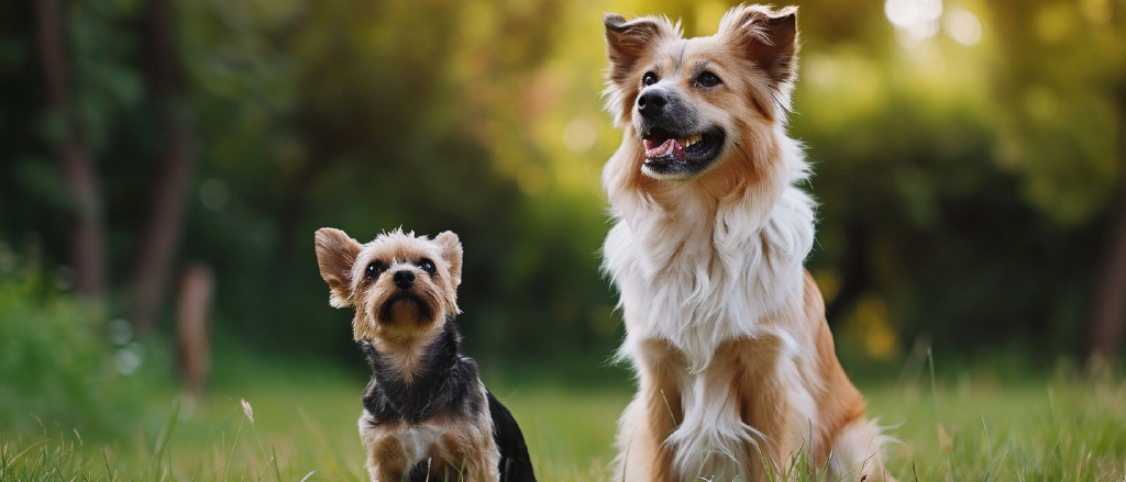 Two dogs enjoying a sunny day outdoors on lush green grass. One is a small dog, and the other is a large dog, both basking in the sunshine.