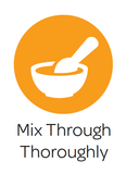Cartoon image of a spoon and bowl, with the caption "mix through thoroughly" in text underneath