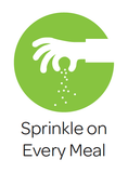 imagen de caricatura de una mano rociando polvo de algas con la leyenda "Espolvorear en cada comida" en el texto debajo