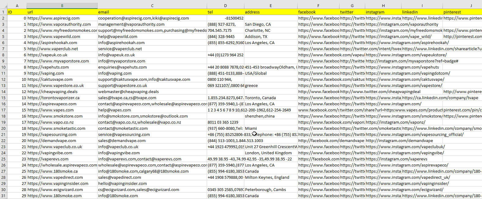 Sample Screenshot of the Global Vape Shop Database