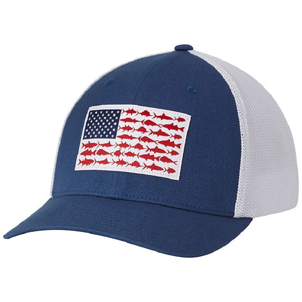 Columbia Fishing Lure American Flag Hat Navy And White L/XL Flexfit