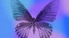 A stippled moth image flapping its wings on a background of soft blue and purple color blobs