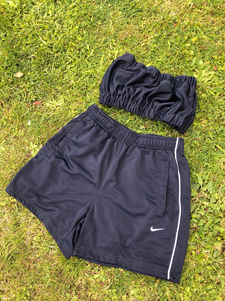 grey nike tube top and shorts set