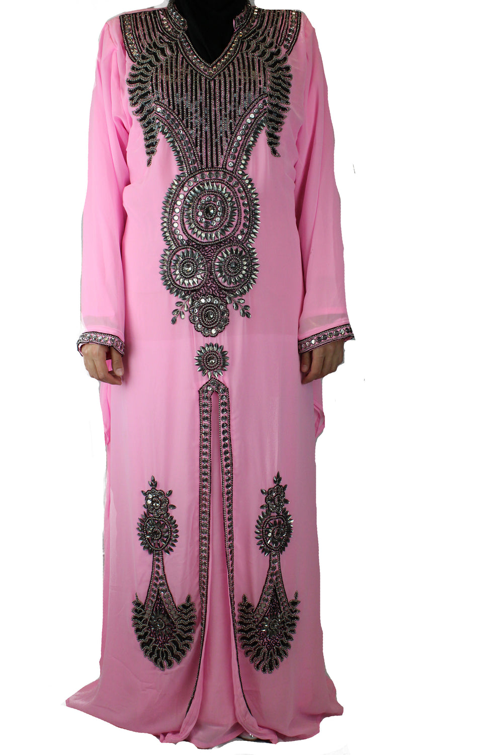 hand beaded light pink long sleeved maxi kaftan with jewels