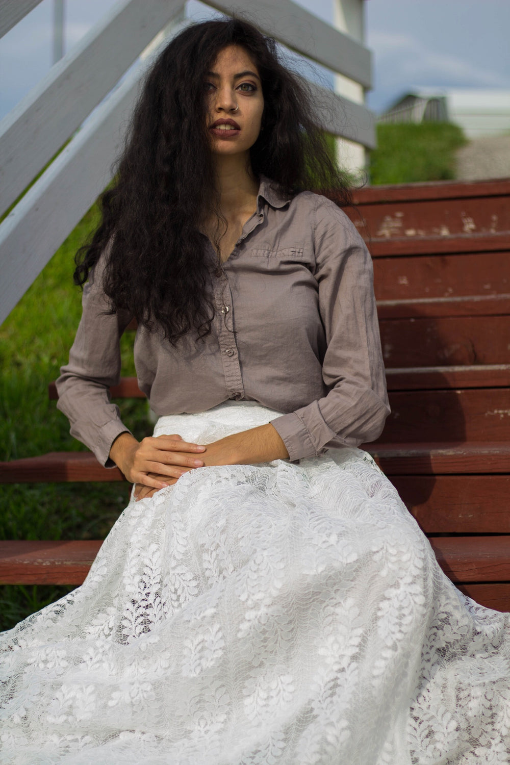 white high waisted maxi skirt