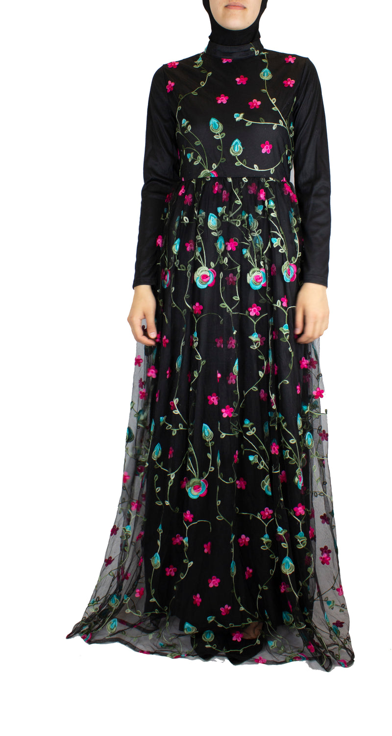 black floral long sleeve maxi dress
