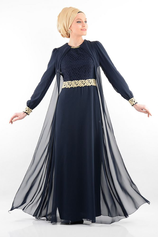  Elegant  Abaya With Chiffon Vest Navy Blue Bella Hijabs