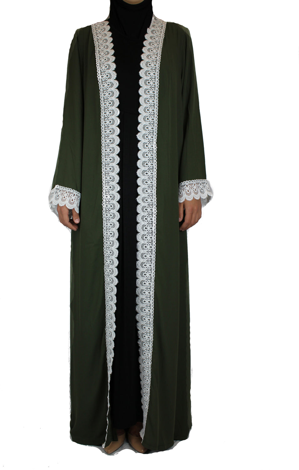 Lace Trim Open Abaya - Olive – Bella Hijabs