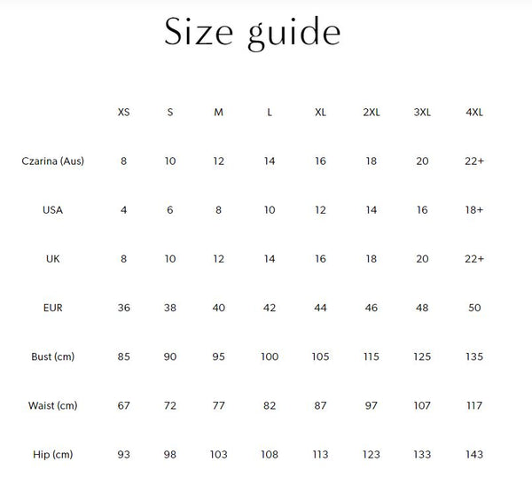 Czarina Sizes Guide