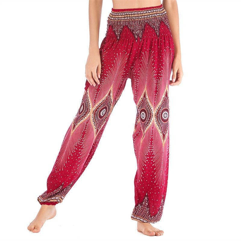 Women's Hippie Yoga Pants | Red Aztec Design | Free Size - The Hippie House