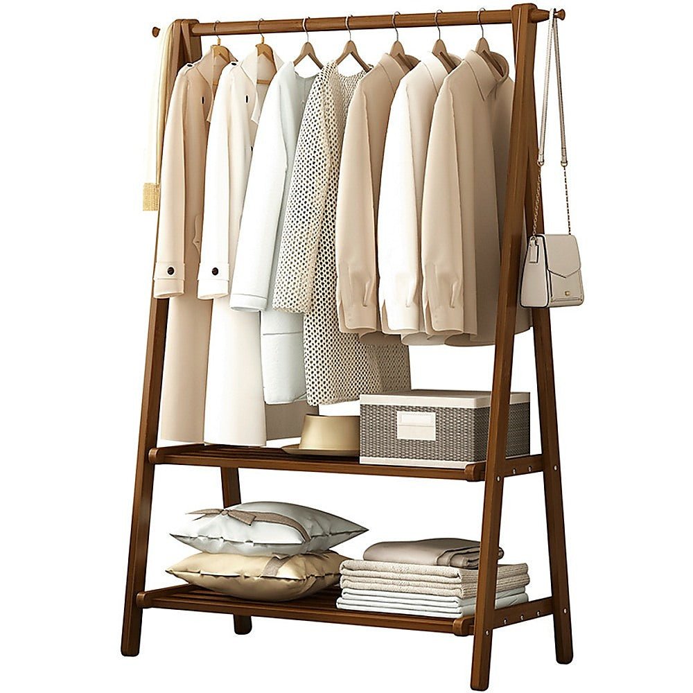 Portable Clothes Rack Coat Garment Stand Bamboo Rail Hanger Airer Closet -  Wood