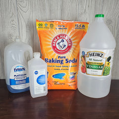 Dawn dish soap, isopropyl rubbing alcohol, baking soda, and white vinegar from Costco.