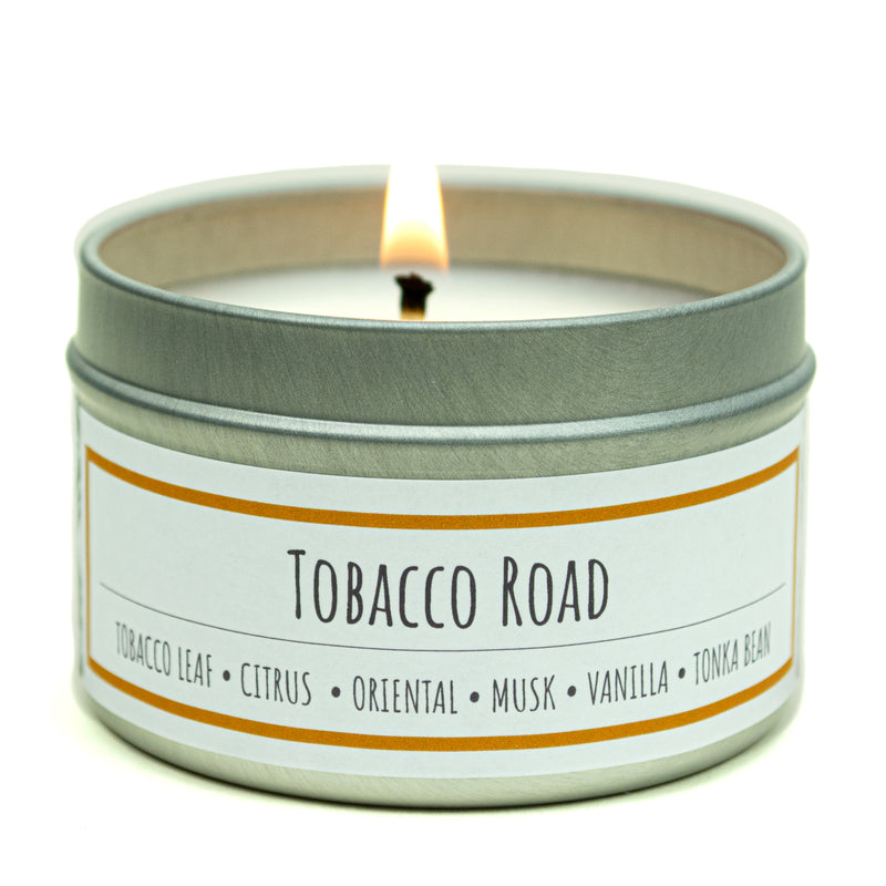 Tobacco Road scented 12 oz. soy candle in upcycled wine bottle