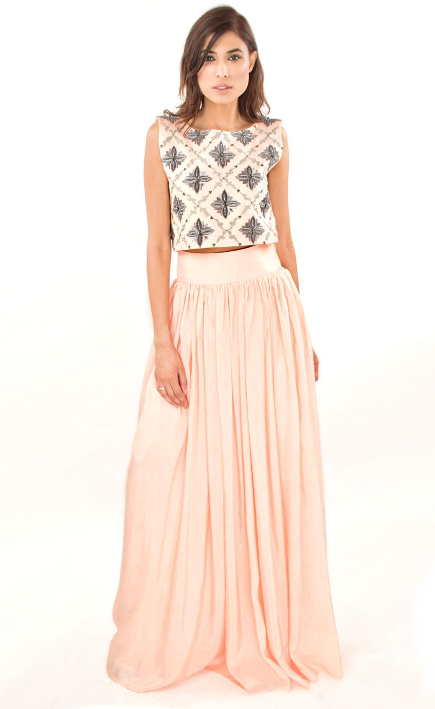 Blush Pink Embroidered Cropped Top With Pocket Skirt Set - Jasmine ...
