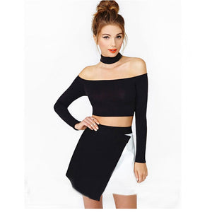 Long Sleeve Halter Neck Cutout Collar Crop Top - Kissmiss Ireland