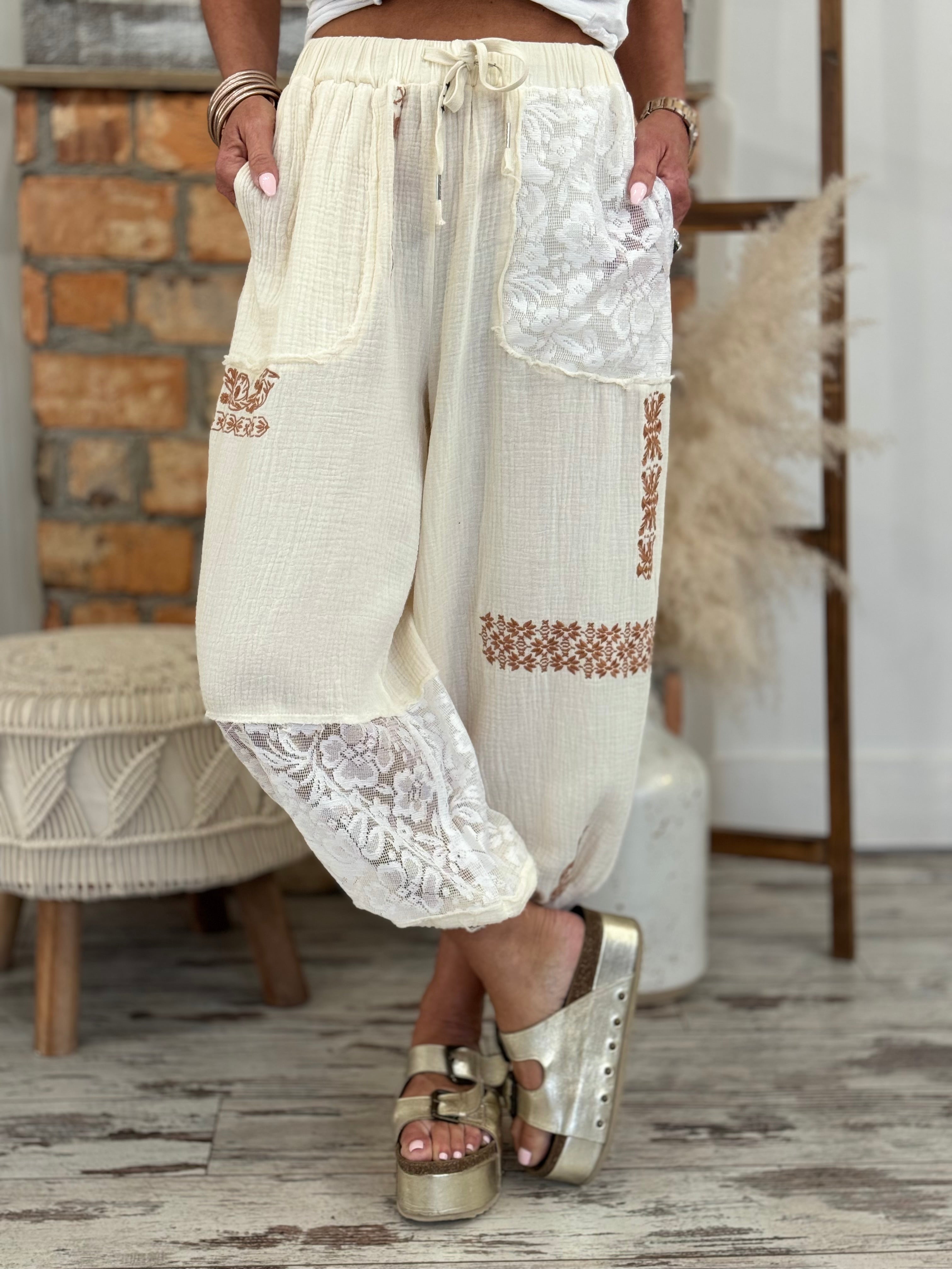 Embroidered Lace Mixed Fabric Jogger Pants