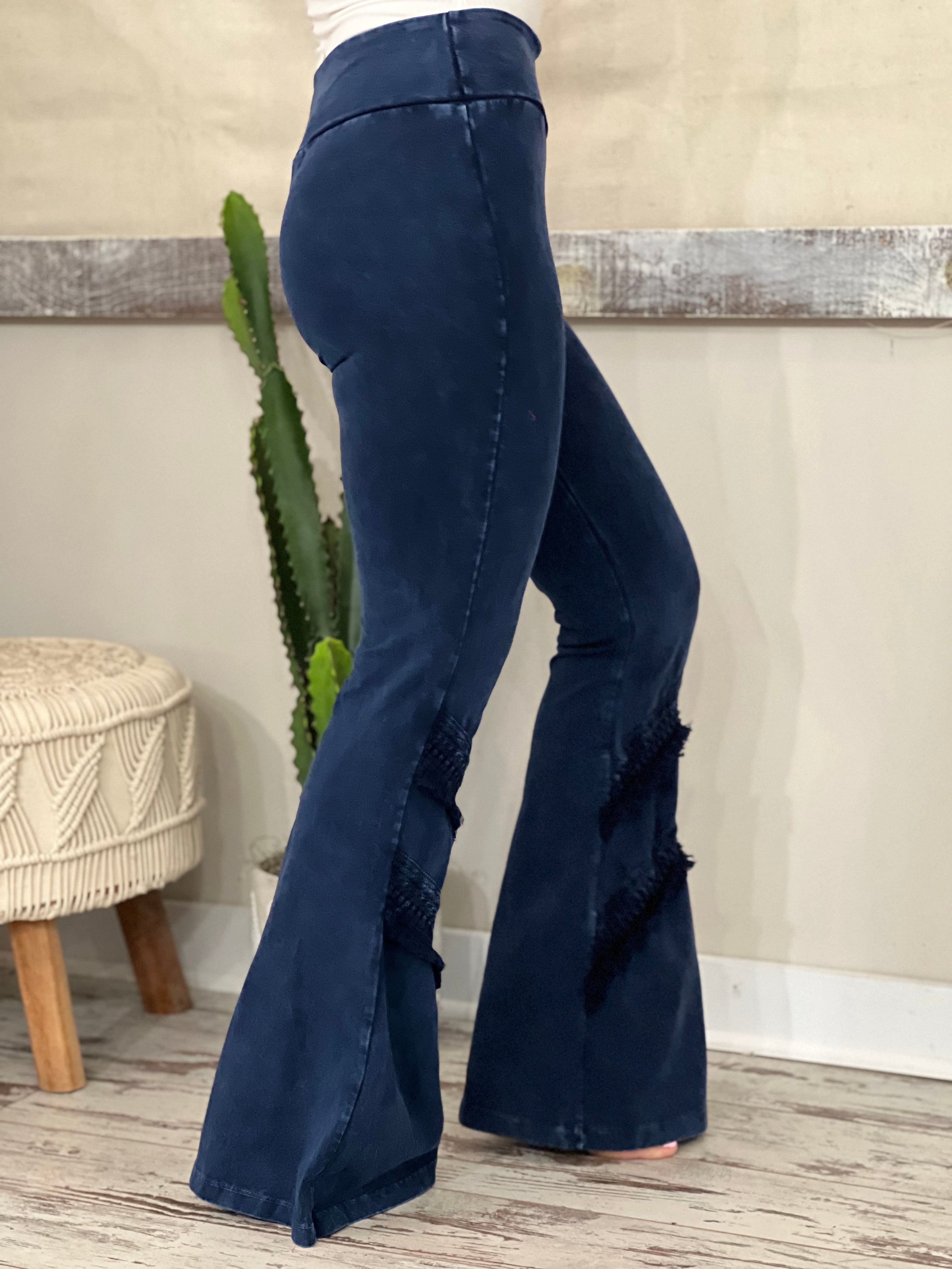 Washed Bell Bottom Front Seam Flare Pants in Dark Blue - The Rustic Rack  Boutique
