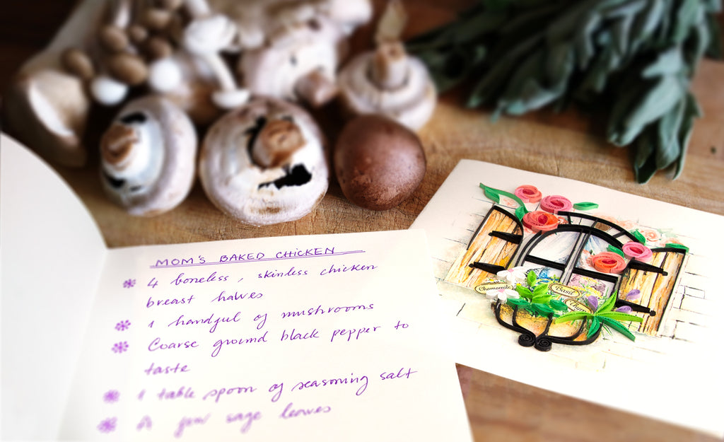 A Quilled Herb Garden Greeting Card with a recipe. 