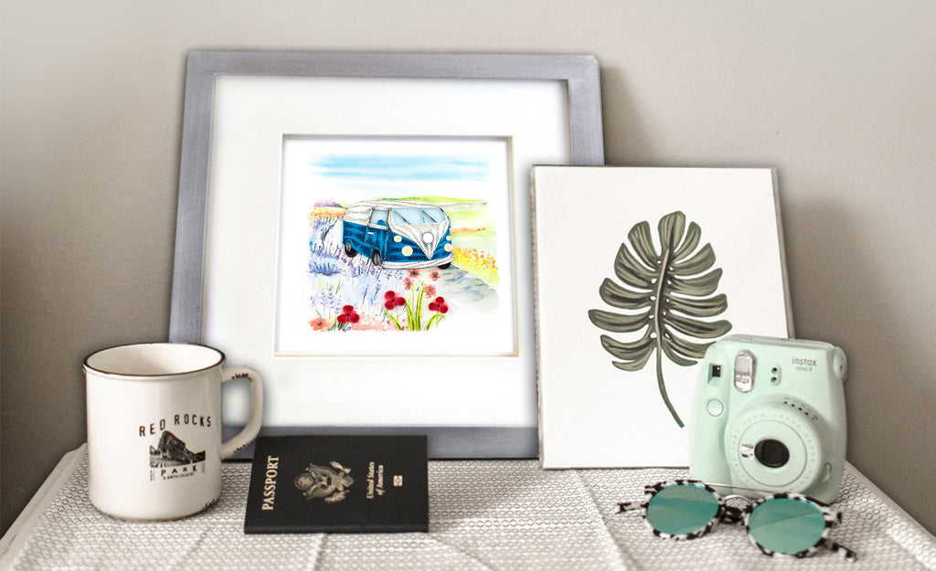 A  Quilled Road Trip Greeting Card with a coffee cup and a camera