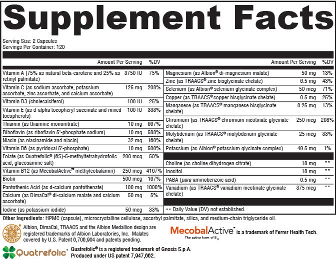 MultiNutrients without Iron Supplement Facts