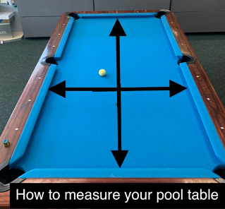 Arrows showing how to measure the playfield of a pool table.