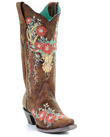 Deer Skull \u0026 Flowers Western Boots 