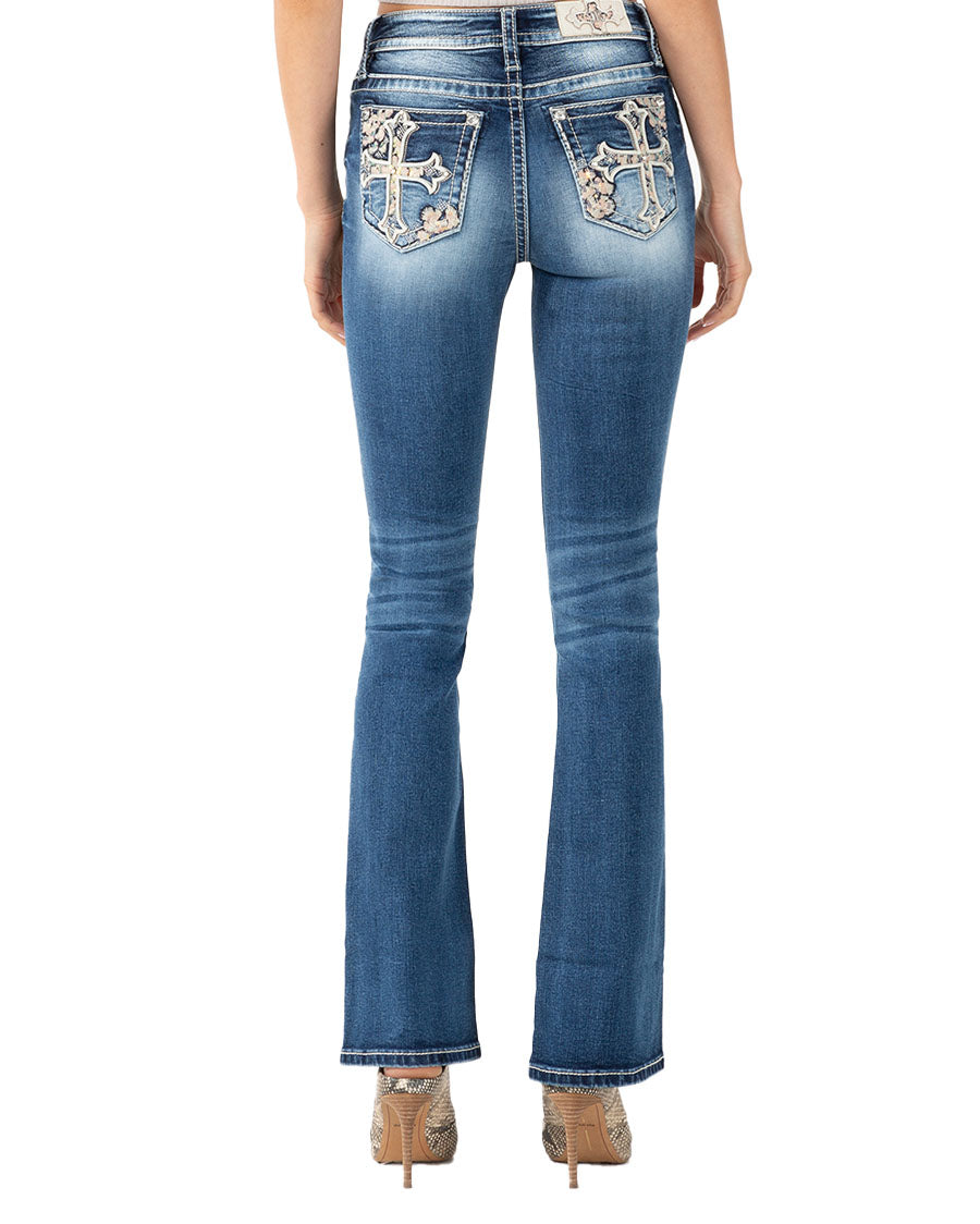 Mid Rise Embroidered Lucky Horse Shoe Pocket Bootcut Jeans