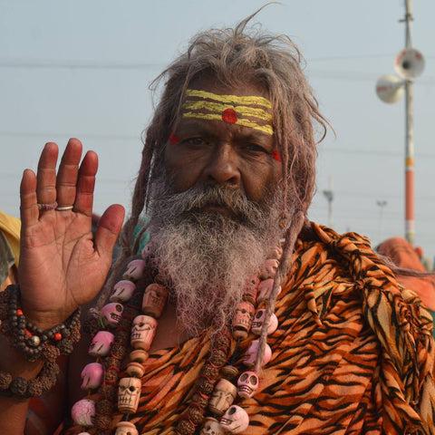Indian guru with dreadlocks holding palm up