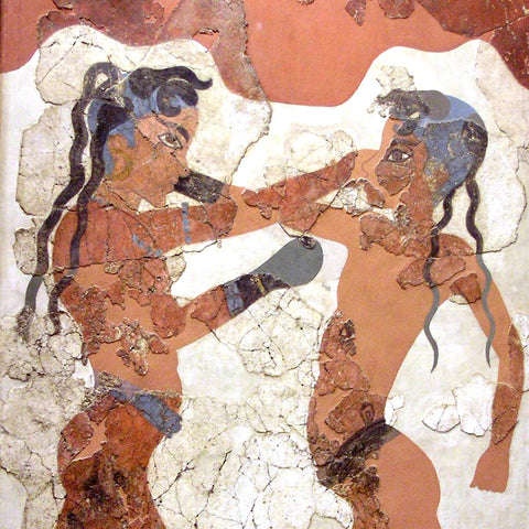 Ancient drawing of two boxers fighting with dreadlocks in greece