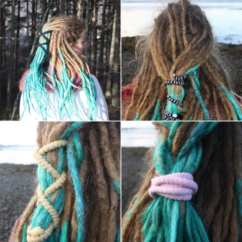 4 different images of dreadlocks styled differently with a bendable spiral dread tie