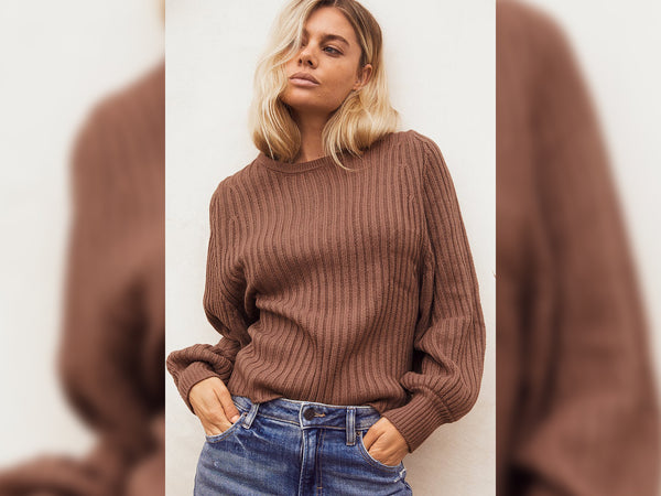 Brown Ribbed Knitwear Sweater