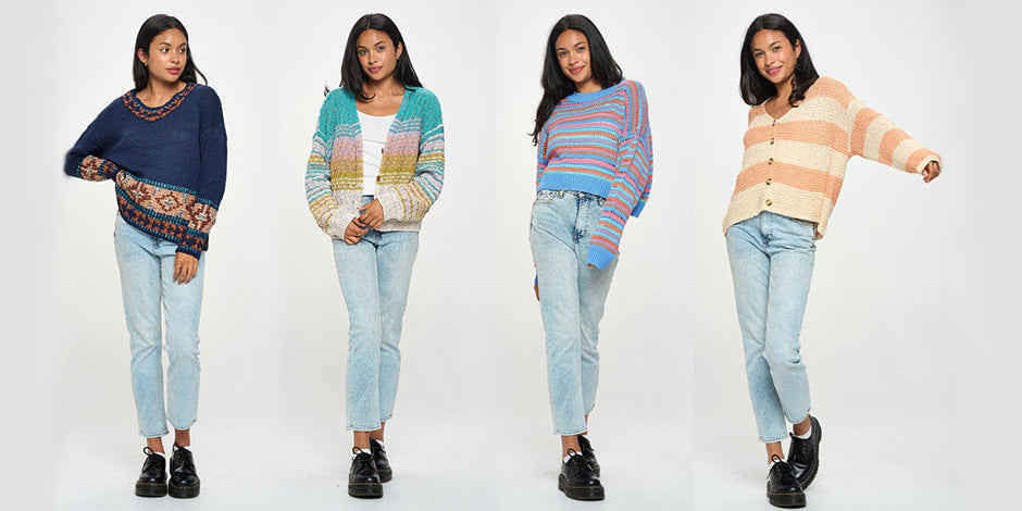 different models show casing different knitted sweaters